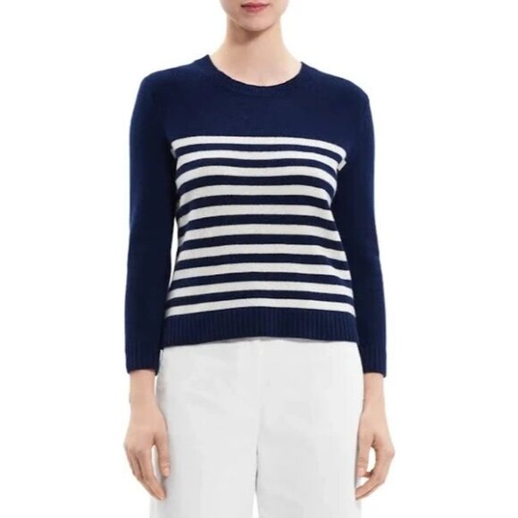 NEW Theory Striped Shrunken Crewneck Sweater DARK NAVY SIZE P(XS)/100%AUTHENTIC - Picture 1 of 3